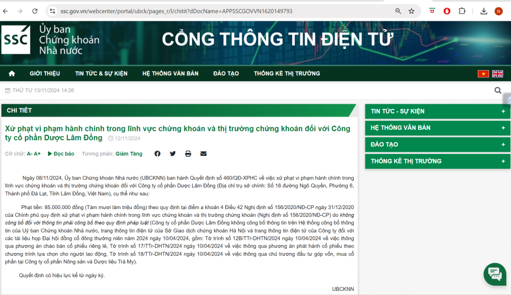 Thông báo xử phạt trên Website của Ủy ban Chứng khoán Nhà nước.